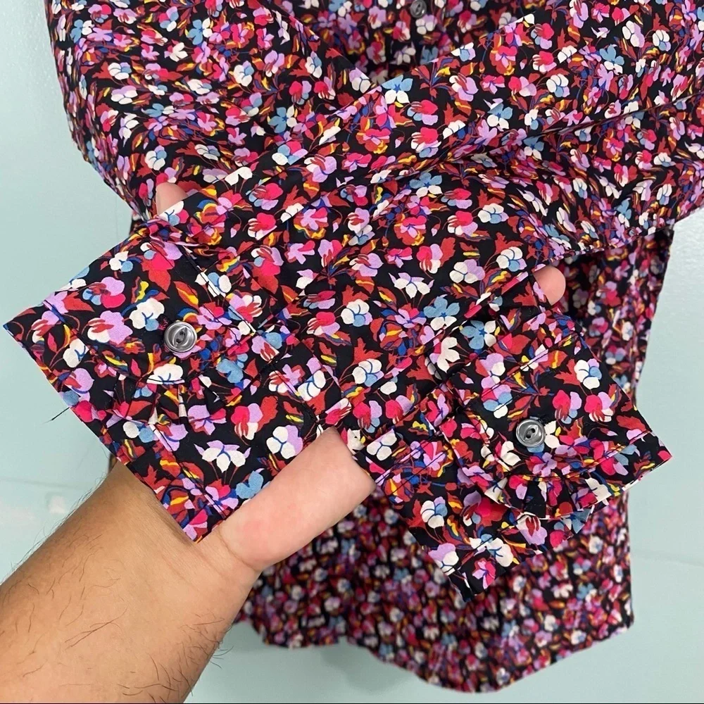 J‎ Crew Liberty Of London Sz 00 Ruffle Collar Shirt Tie Neck Red Pink Floral